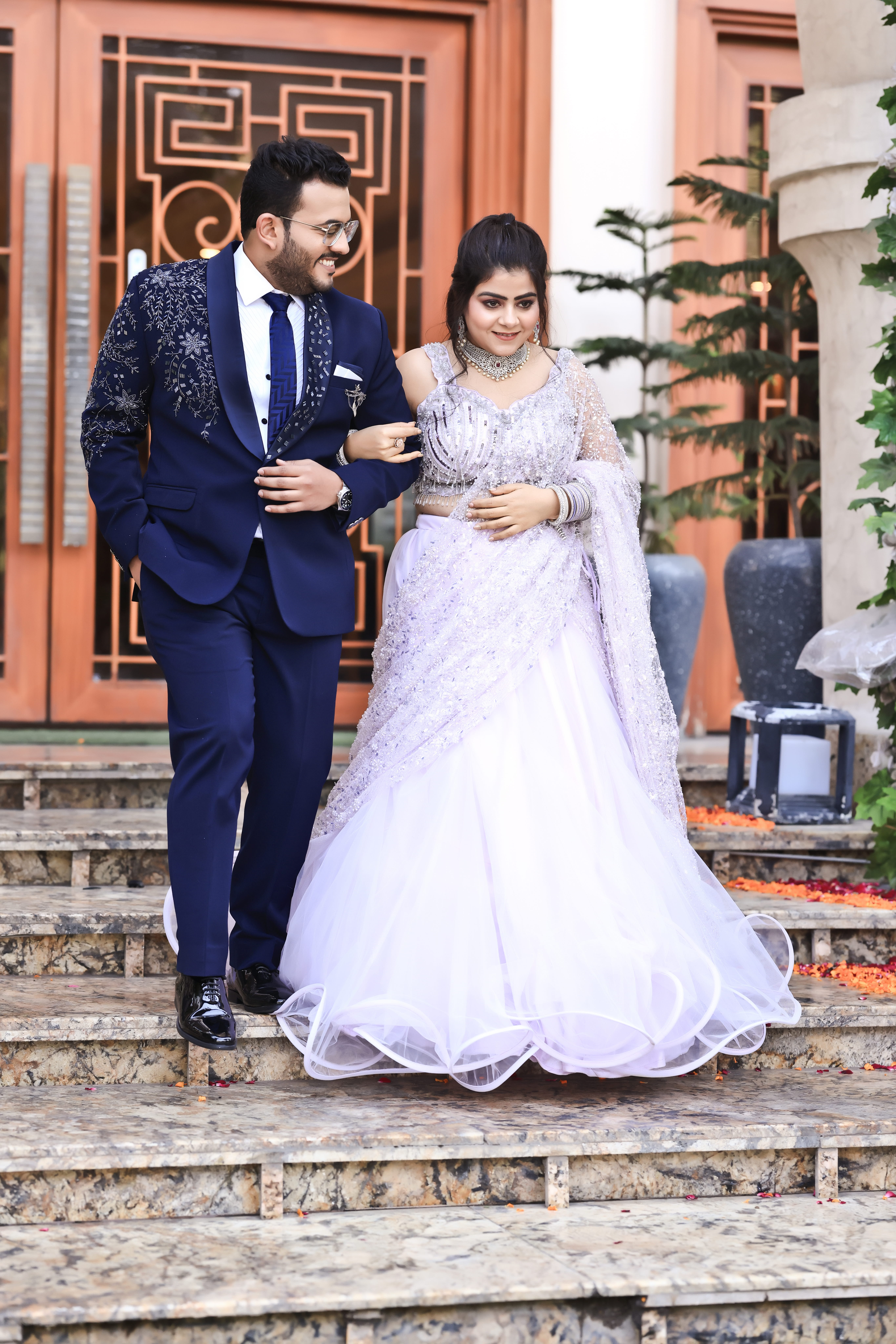 Beautiful emotional wedding couple running and smiling in european city. Provence wedding